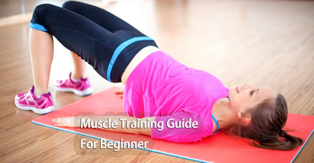 Person doing a bridge exercise on a mat, with the text Muscle Training Guide For Beginner.