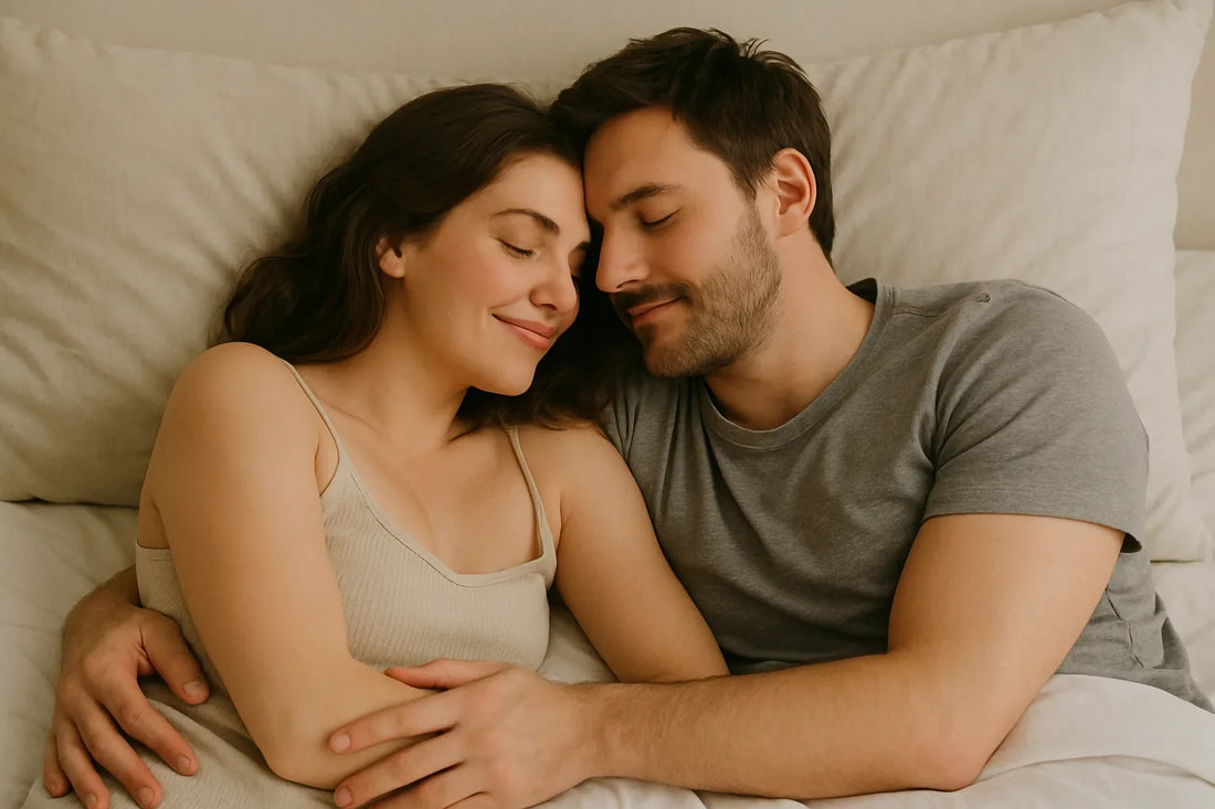 Couple lying close together in bed with their eyes closed.