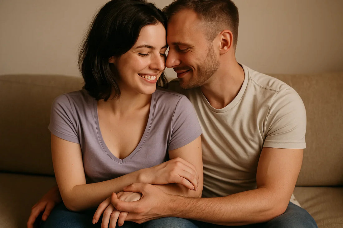 Couple sitting close together on a couch with their eyes closed.