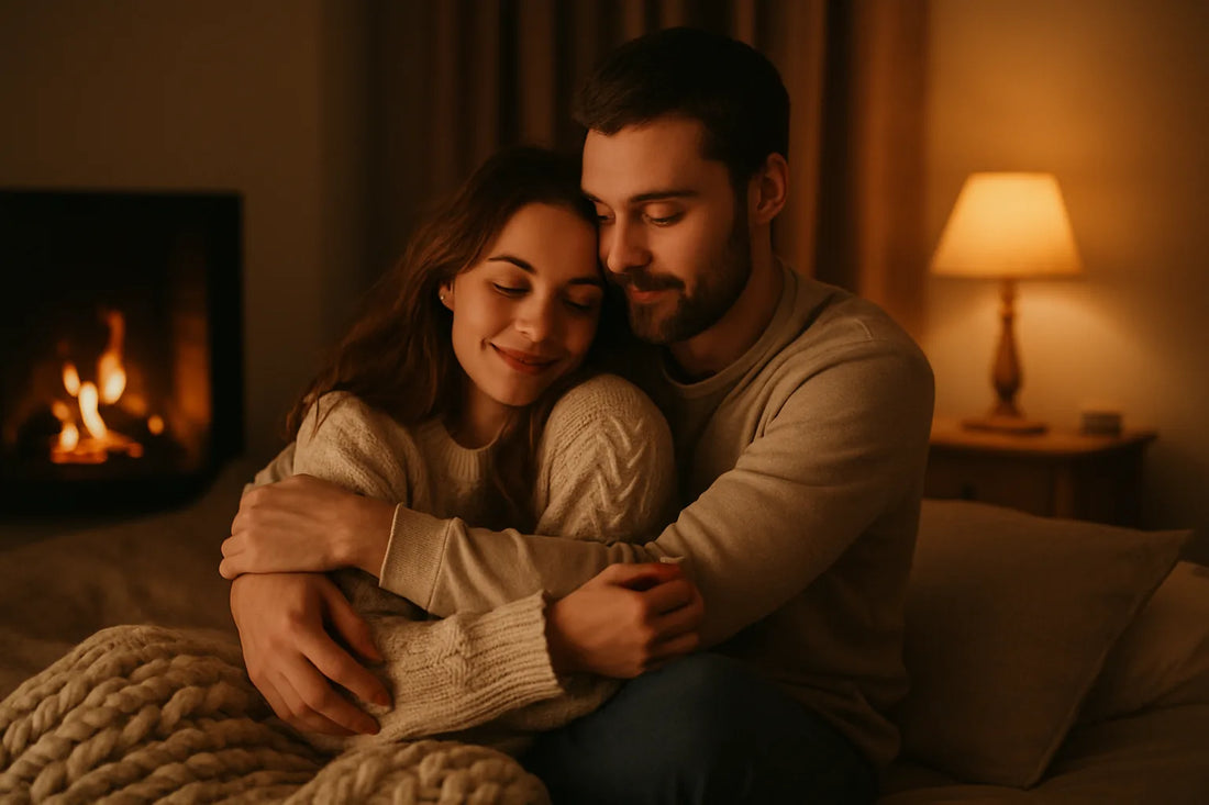 Couple cuddling together by a fireplace in a warmly lit room.