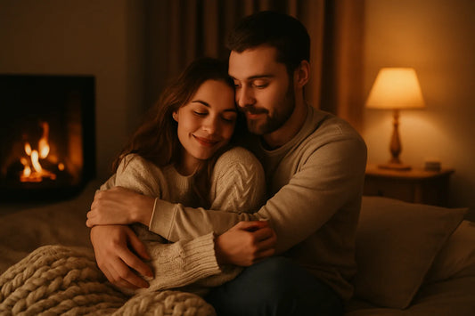 Couple cuddling together by a fireplace in a warmly lit room.