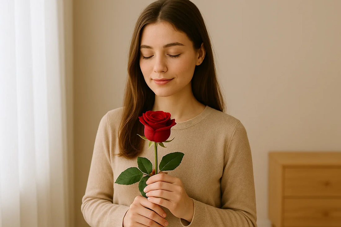 Woman holding a red rose with her eyes closed.