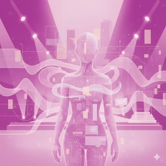 Abstract editorial illustration inspired by CES 2026, representing how sex tech in 2026 is evolving from simple devices into guided, system-based experiences.