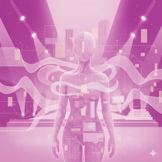 Pink CES 2026 editorial illustration of a human silhouette with circuit patterns, data lines, and spotlights.