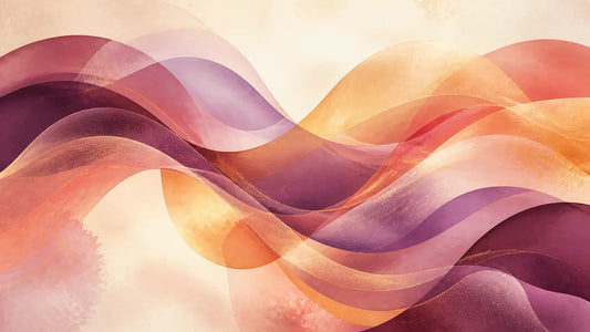 Overlapping plum, coral, and amber waves forming a flexible non-linear pattern.