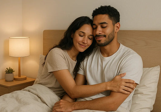 Couple cuddling together in bed.