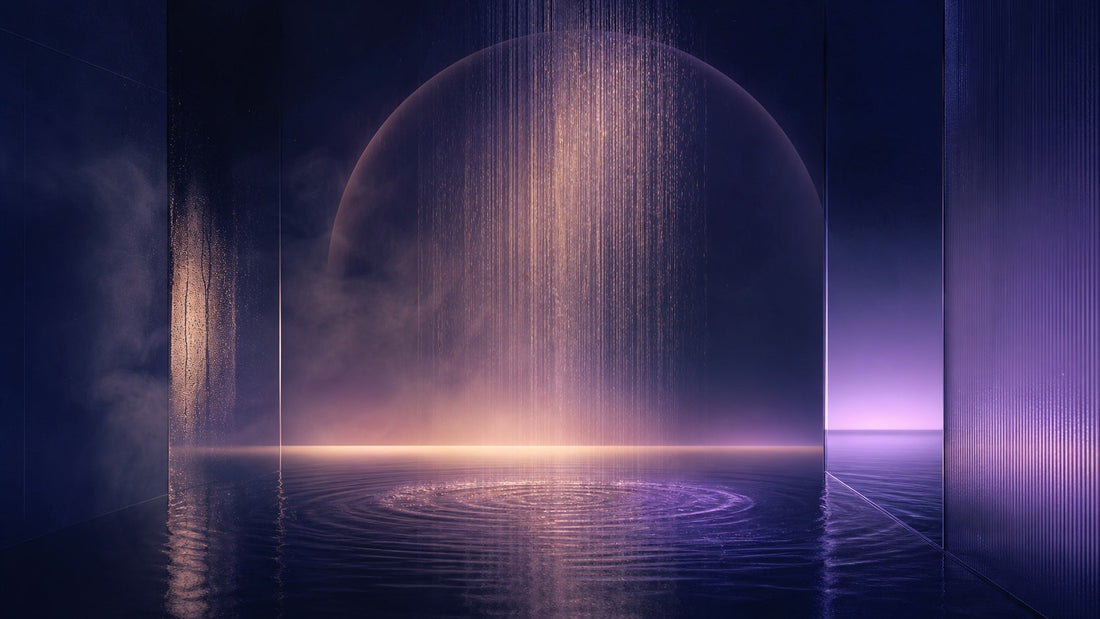 Abstract violet water curtain and steam for a shower intimacy guide