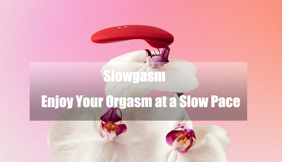 Red wearable vibrator on white orchids with title text.