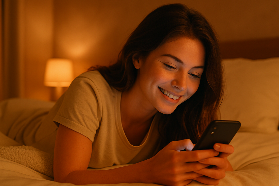 Woman smiling at a phone while lying in bed.