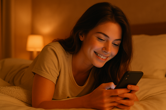 Woman smiling at a phone while lying in bed.