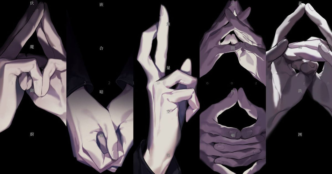 Illustration of hands forming shapes on a black background.