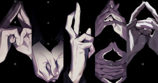 Illustration of hands forming shapes on a black background.