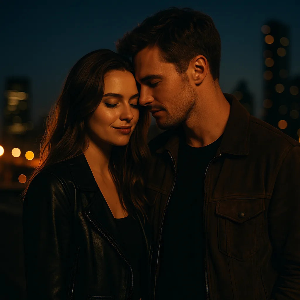 Couple standing close together at night with city lights in the background.