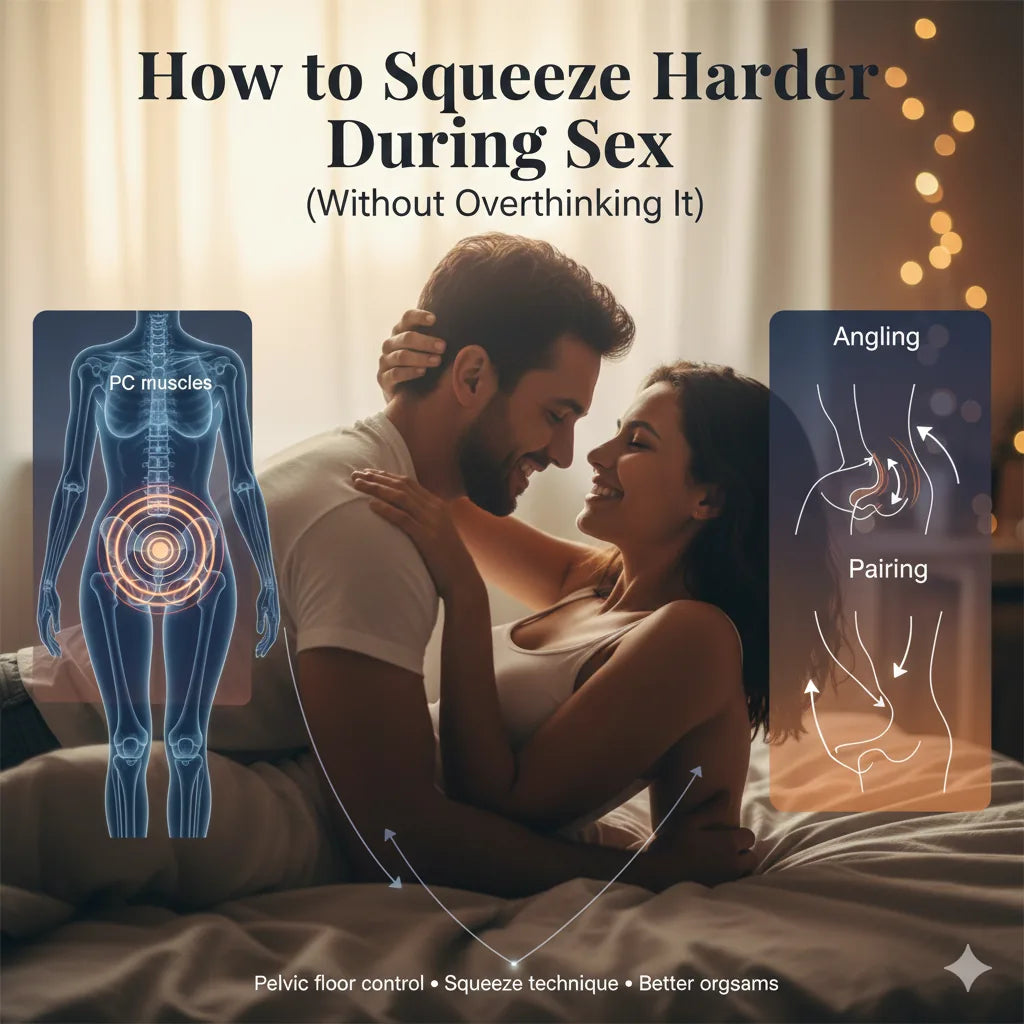 Couple in bed beside pelvic-floor and positioning diagrams for squeezing technique.