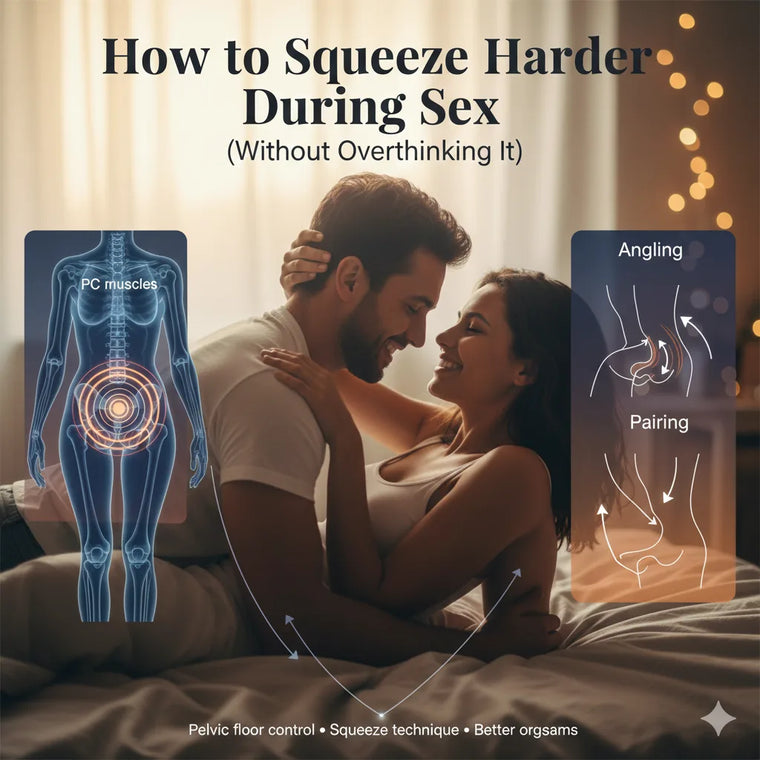 Couple in bed beside pelvic-floor and positioning diagrams for squeezing technique.