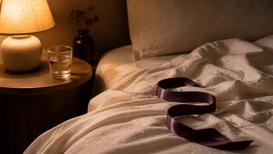 Warm bedside lamp, water glass, ivory bedding, and a relaxed plum silk ribbon.