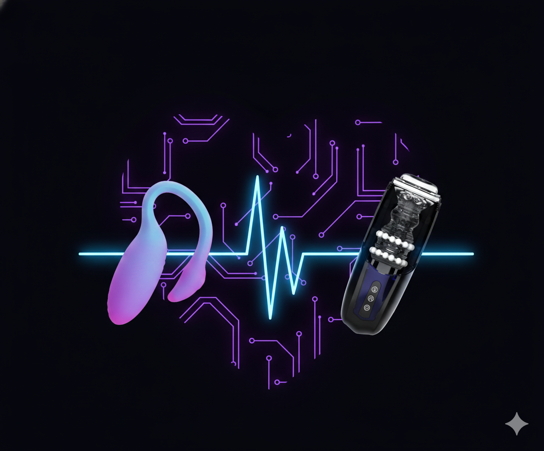 Illustration of connected pleasure devices representing body-led control and synchronized intimacy for Valentine’s Day.
