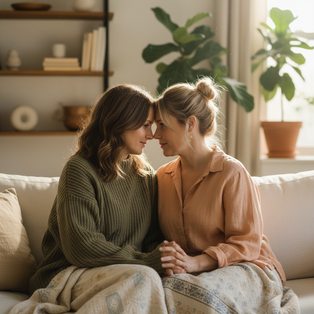Lesbian couple sharing emotional intimacy and connection in a private, relaxed setting