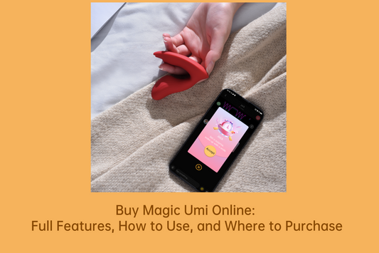 Red Magic Umi wearable vibrator beside a smartphone showing the Magic Motion app.