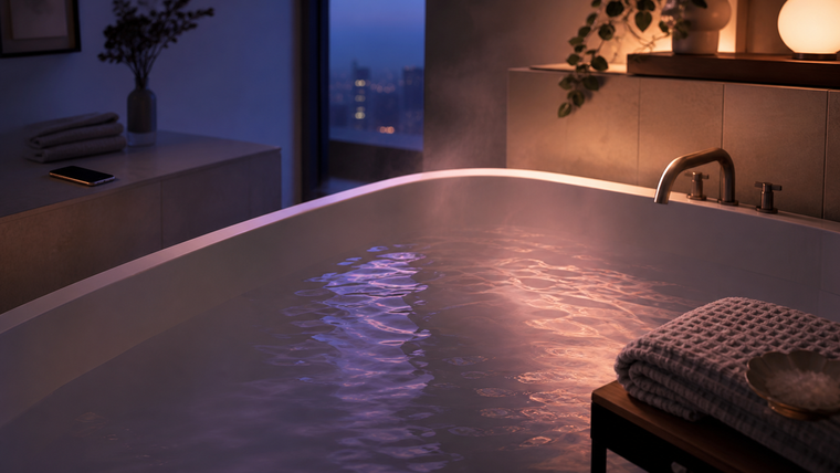 A calm evening bath with violet water reflections and a phone resting dry on a nearby counter