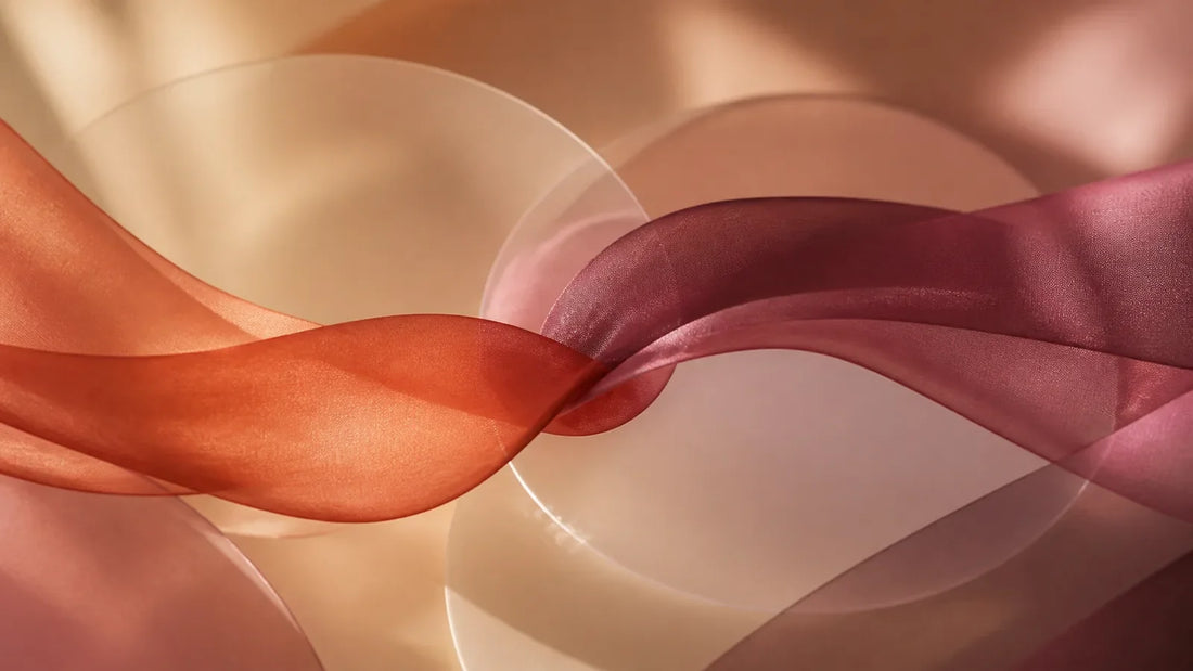 Two warm-toned silk ribbons overlapping against soft translucent shapes.