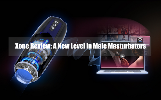 Black Xone male stroker beside laptop video interface with review title.