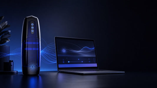 Xone interactive stroker beside a laptop with an abstract SyncMo video-sync interface.