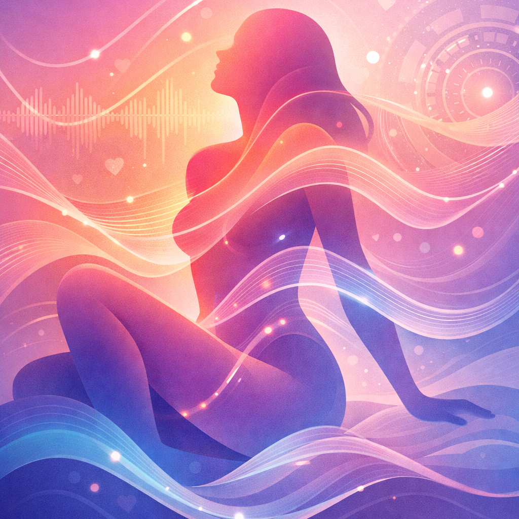 Silhouette of a person surrounded by colorful, wavy lines on a gradient background