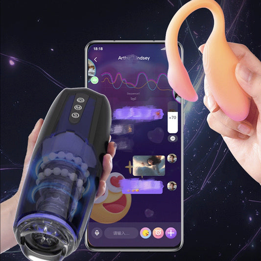 Two handheld devices, one blue and one peach-colored, held by hands with a smartphone displaying a colorful app interface in the background.