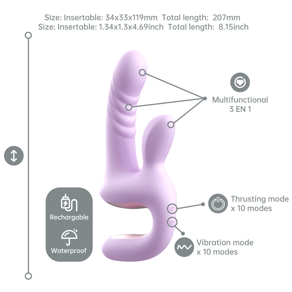 Purple Magic Duet diagram showing its 207 mm length, insertable dimensions, and two control buttons