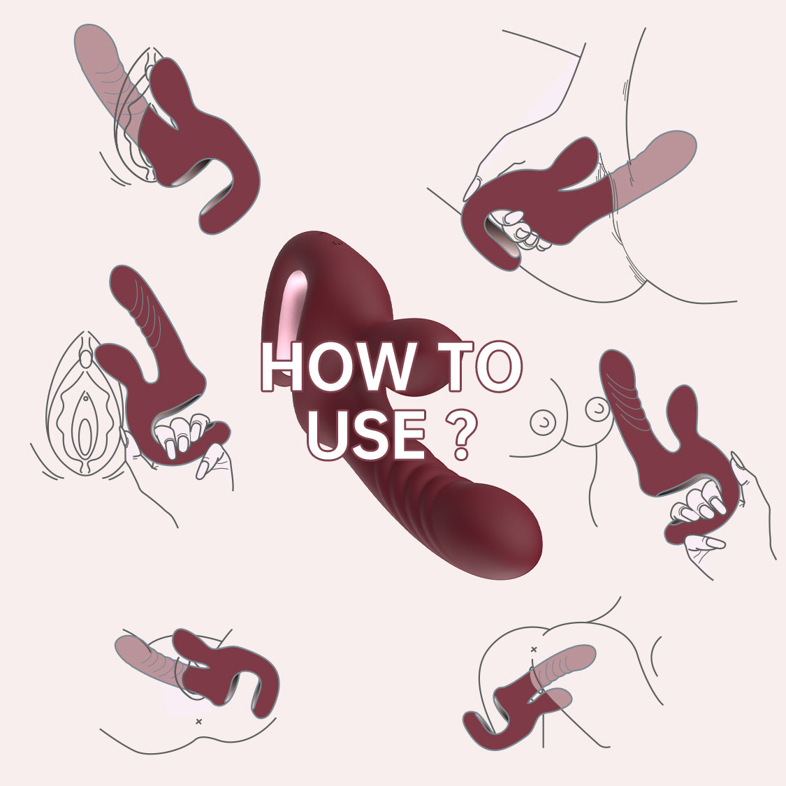 Illustrated ways to position Magic Duet for internal, external, and partner stimulation
