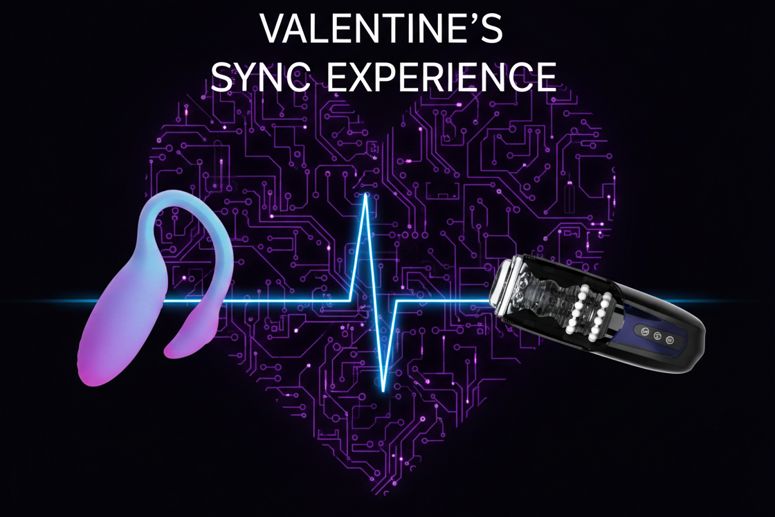 Advertisement for 'Valentine's Sync Experience'  with electronic devices on a circuit board background.