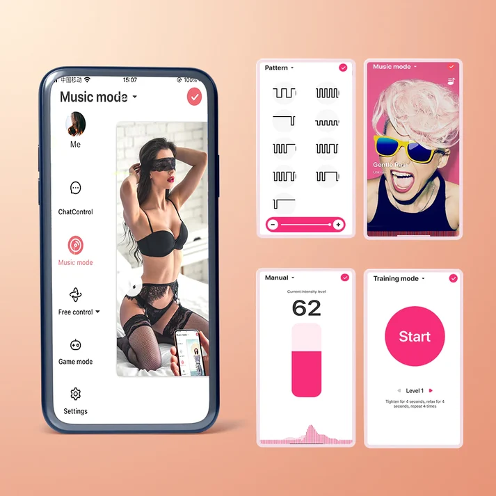 Magic Motion app screens for patterns, music, intensity, and training