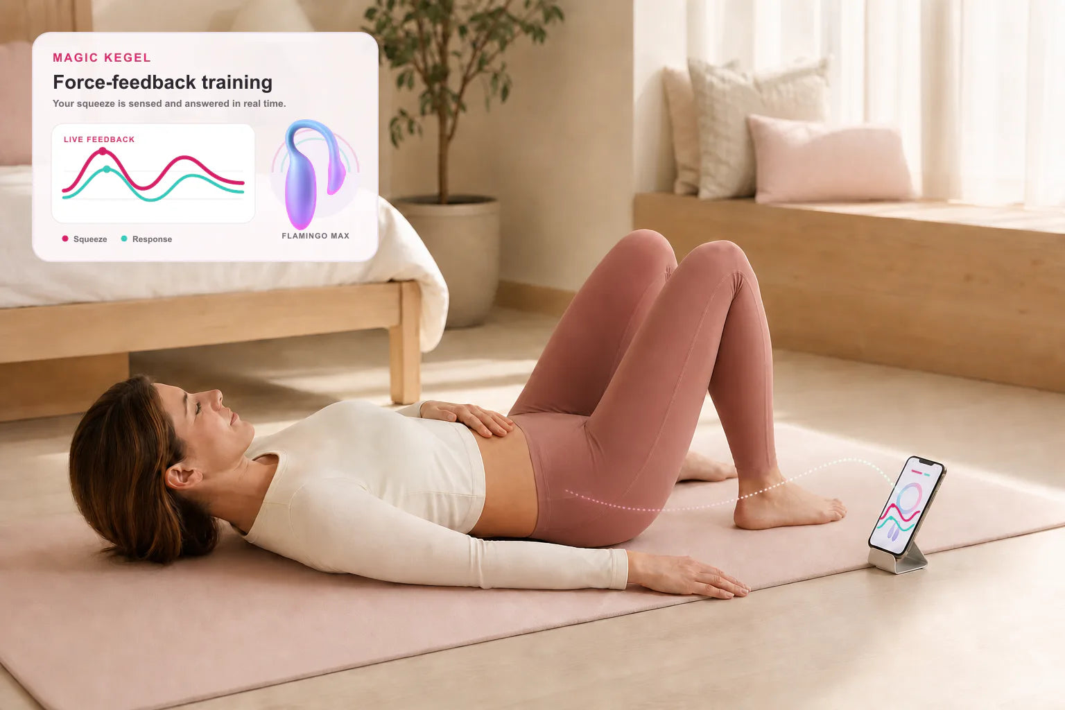 Woman practicing Kegel training at home with Magic Kegel live force-feedback data and Flamingo Max