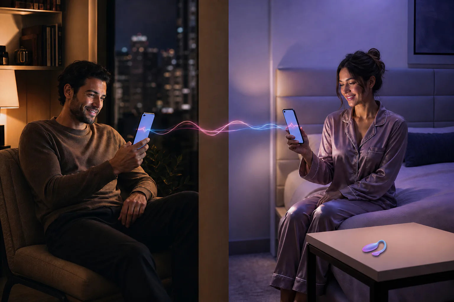 Adult couple in separate rooms using the Magic Motion App for long-distance partner play with Flamingo Max