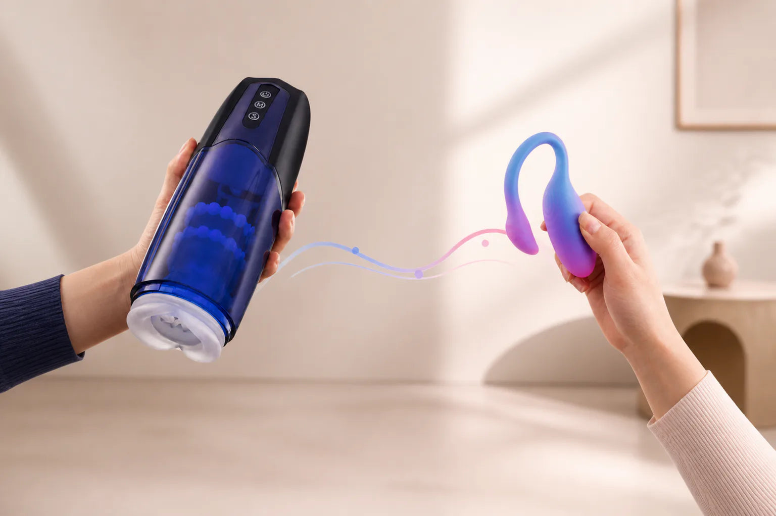 Magic Flamingo Max and Xone held naturally for toy-to-toy sync