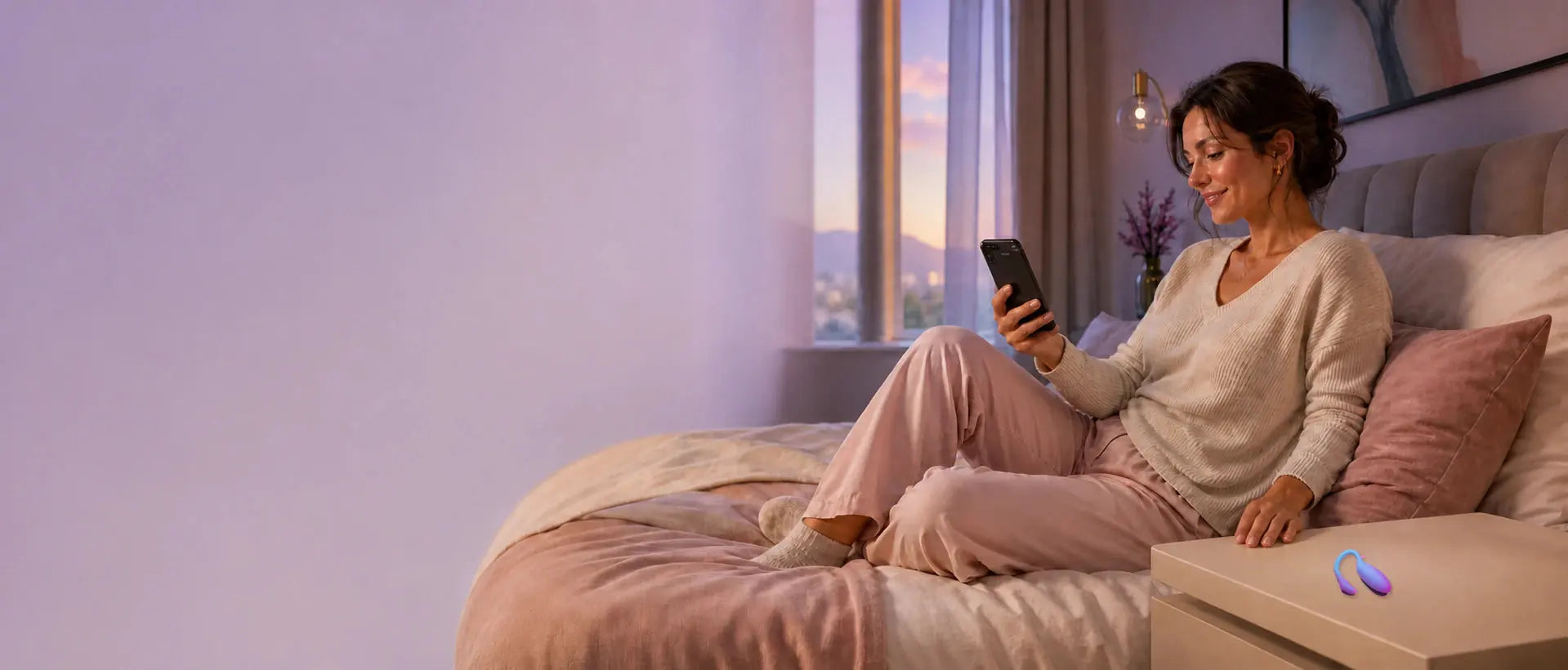 Woman relaxing in a bedroom with blue Flamingo Max resting naturally on a bedside table
