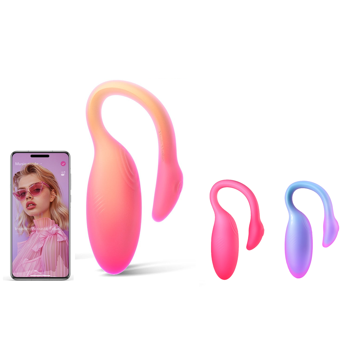 Magic Flamingo Max sensing vibrator in orange, pink, and blue with Magic Motion App on a phone