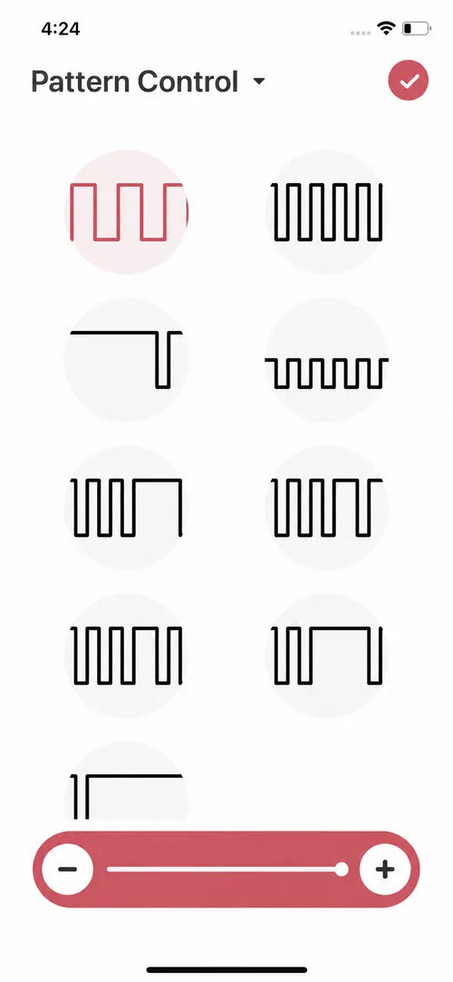 Magic Motion App Pattern Control screen with selectable vibration waveforms and an intensity slider